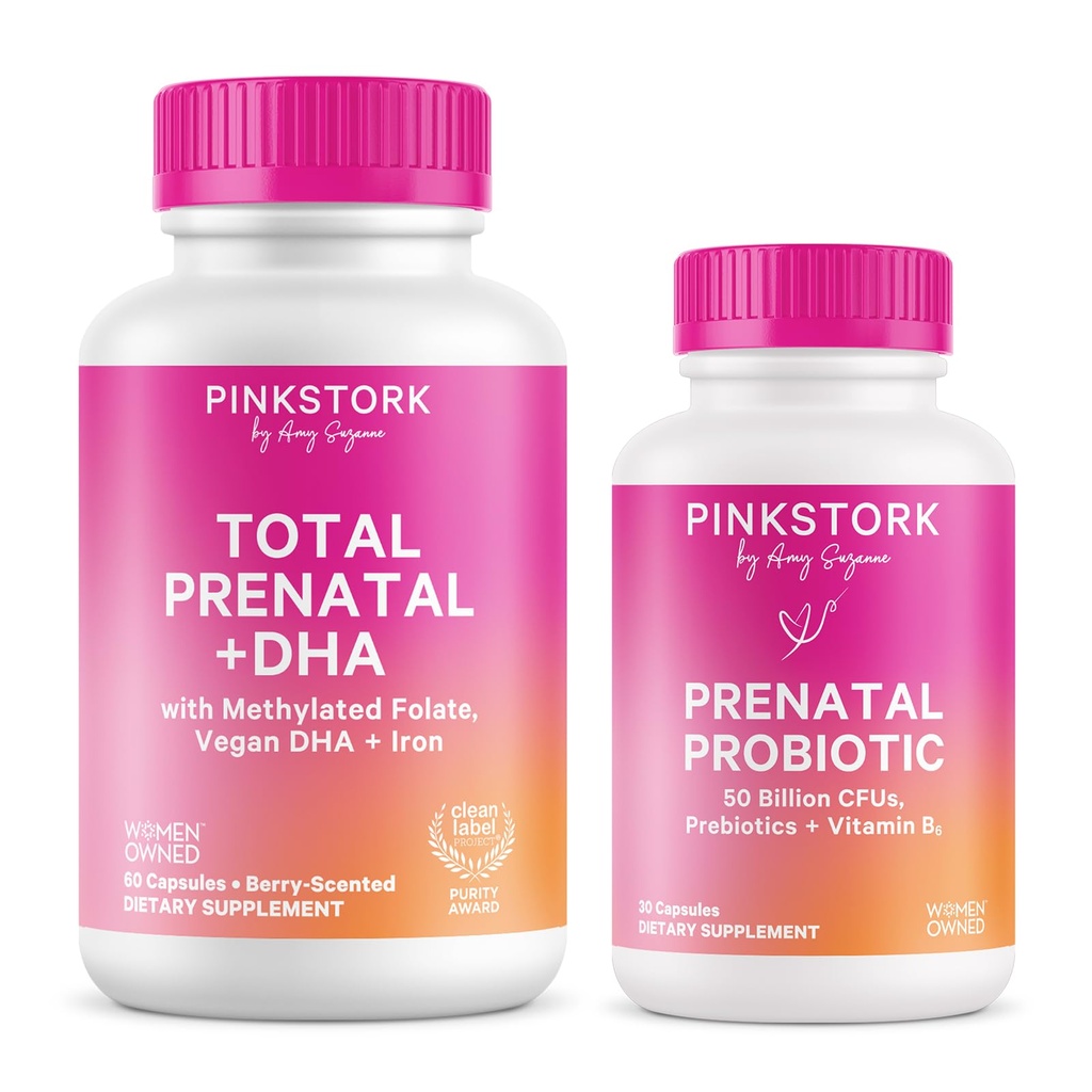Pink Stork Prenatal Vitamin Duo: Prenatal Vitamin og Probiotika til Gravide Kvinder -Morgen Sygdom og Føtal Development Support med DHA, Folate, Vitamin B6, og mere - 2 Produkter, 90 Kapsler