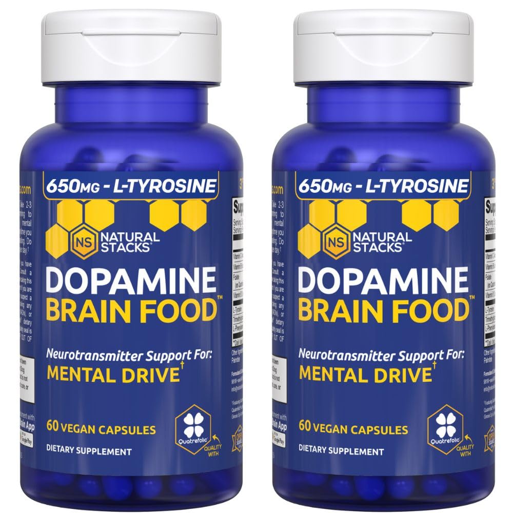 Dopamin Brain Food - 650mg L- Tyrosin Supplement - Dopamin Supplement til Focus & Mental Drive - Understøtter Mental Energy - Neurotransmitter Support med B Vitamin - 120 kapsler