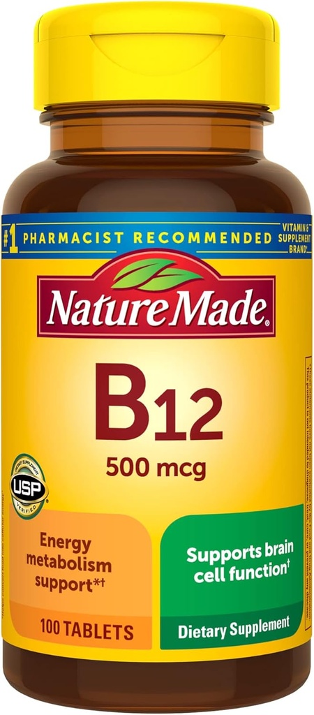 Nature Made Vitamin B12 500 mcg, Kosttilskud til energi Metabolisme Support, 100 tabletter, 100 dages forsyning