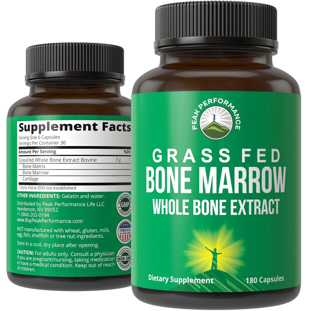 Peak Performance Grass Fed Bone Marrow - Whole Bone Extract Supplement 180 Capsules Superfood Pills Rich in Collagen, Vitaminer og Aminosyrer fra Bone Matrix, Marrow, Cartiage. Ancestral tabletter