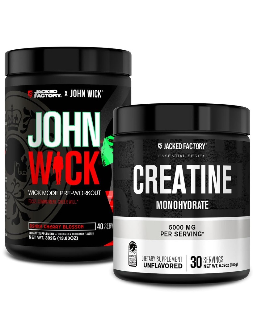 Jacked Factory X John Wick - Wick Mode Pre Workout Powder (Osaka Cherry Blossom, 40 Servings) & Creatine Monohydrate Powder (Unflavored, 30 Servings)