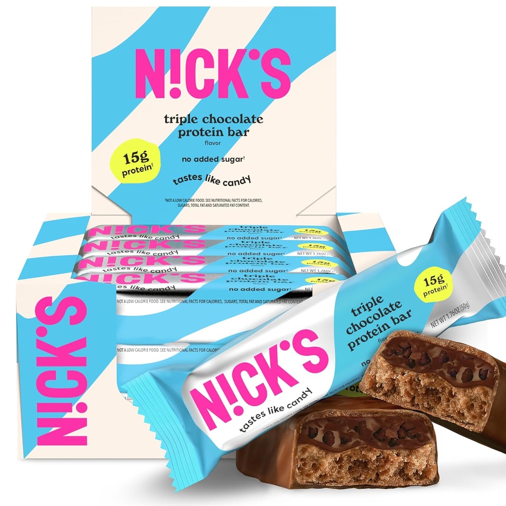 Nicks triple chokolade protein bars - 12-greve Box Note 124; Høj protein, lave kalorier, lave kulhydrater, Keto Friendly, Ingen tilsat sukker