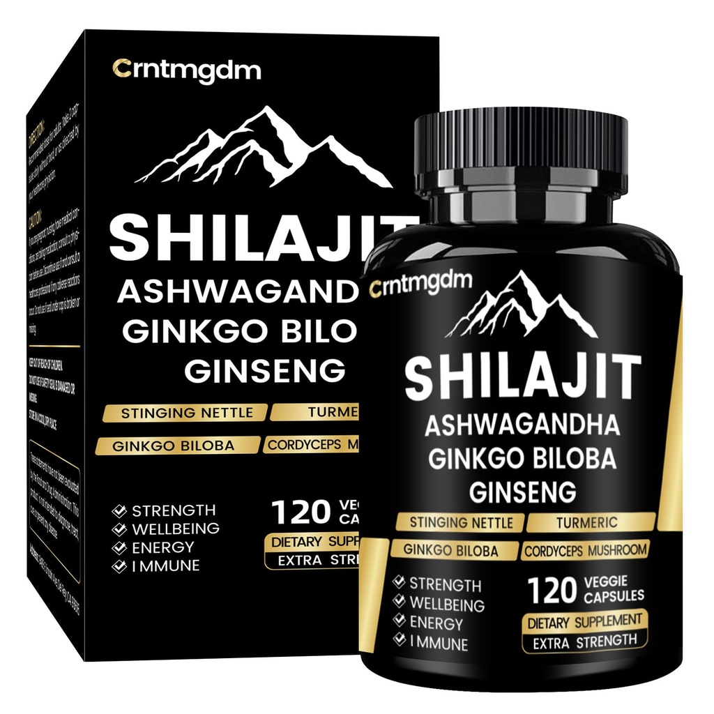 Shilajit kapsler - 20. 000 mg Pure Himalayan Organic Shilajit til mænd og kvinder med Ashwagandha, understøtter Vitality and Wellness, Premium Shilajit Pure Himalayan supplement, 120 kapsler