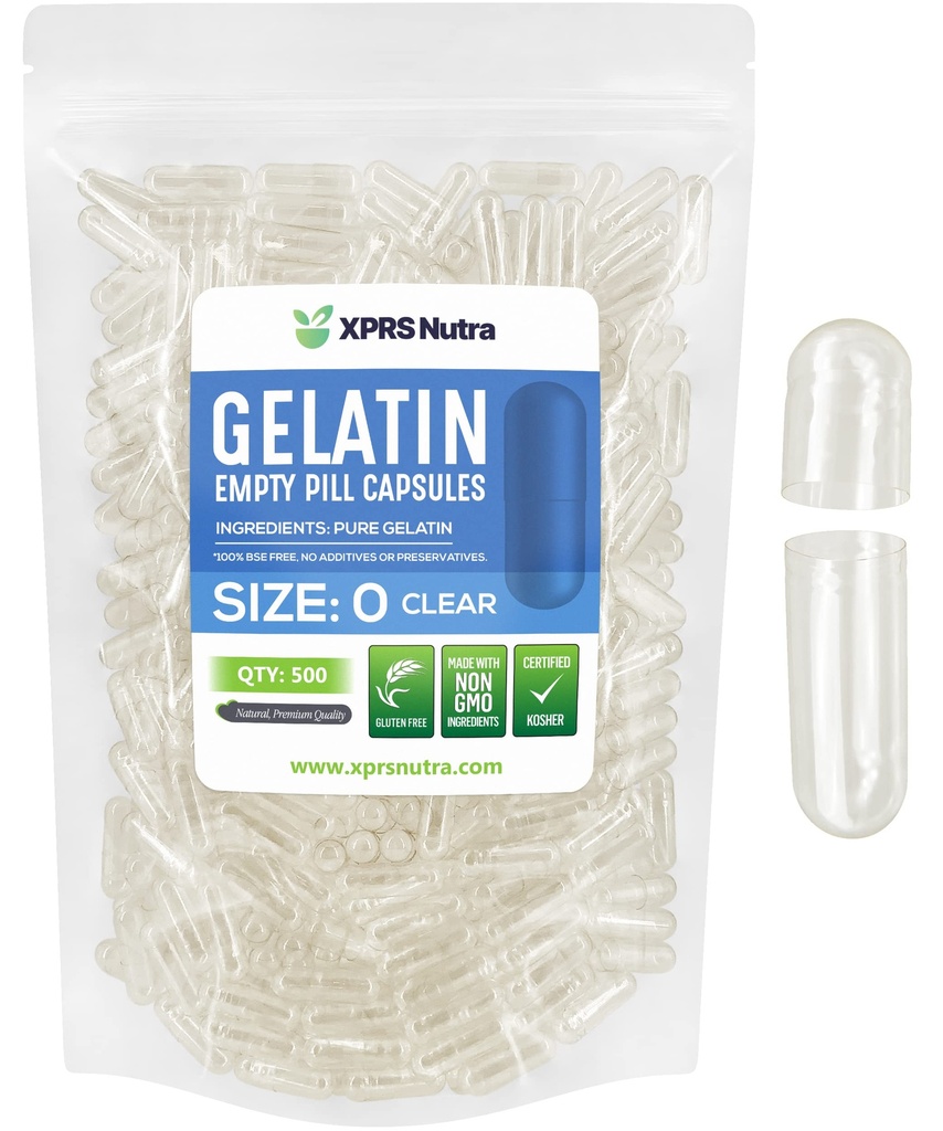 XPRS Nutra Størrelse 0 Tomme kapsler - 500 Tomme Tomme Gelatine kapsler - Piller til det selv Capsule Fyldning - Fyldelig Pure Bovin Pill Gel Caps til det selv kosttilskud
