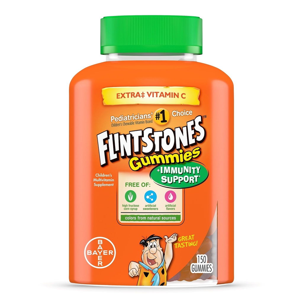 Flintstones Gummies Kids Vitaminer med Immunitet Support *, Kids og Toddler Multivitamin med C-vitamin, D-vitamin, B12, Zink & mere, Orange 150ct