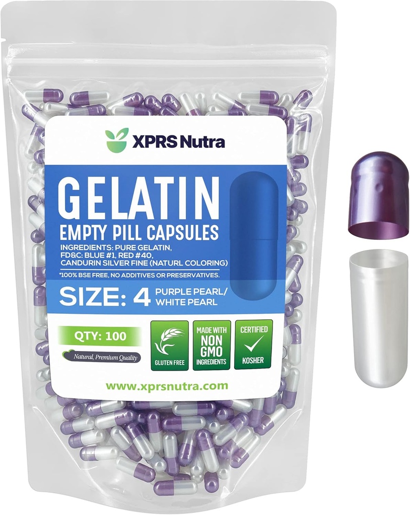 XPRS Nutra størrelse 4 Tomme kapsler - 100 Tomme små tomme gelatine kapsler - Piller gør det selv Capsule Fyldning - Fyldelig Pure Bovin Pill Gel Caps til Do- It- Yourself Kosttilskud (Pearl Purple / White)