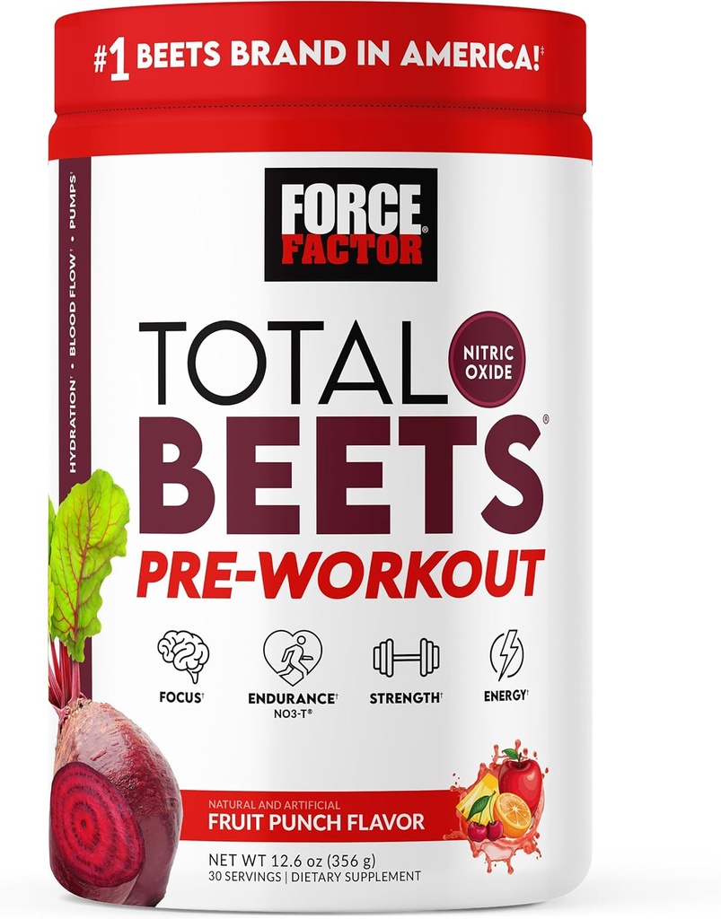 FORCE FACTOR Total Beets Pre- Workout Powder to Boost Energy & Endurance, Øge styrke, og forbedre blodgennemstrømningen og pumperne, nitrogenoxid tillæg med Beet Root Powder, Fruit Punch, 30 Serveringer