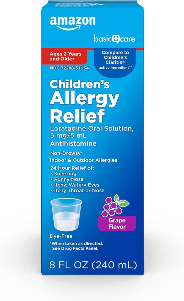 Basic Care Children 's Allergy Medicine, 24 Hour Loratadine Oral Solution 5 mg / 5 ml, Non- Drowsy Antihistamin, Grape Flavor, Age 2 and Older, 8 fl oz (Pack of 1)
