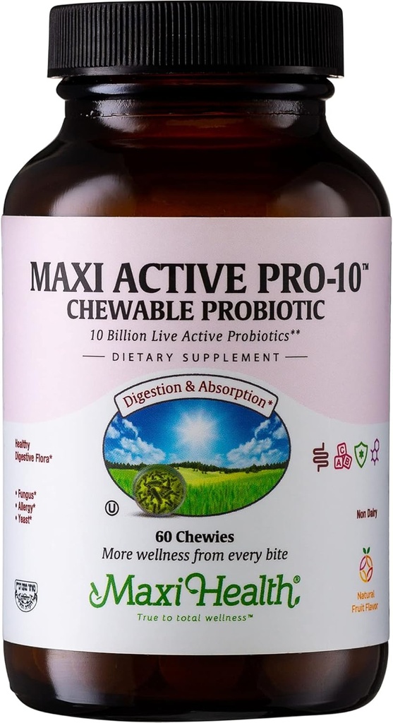 Maxi Health Active Pro- 10 Kids Probiotiske Chewables - 15 Strops til fordøjelse og immunforsvar -10 Millioner probiotiske Blend-Dairy- Gratis, Kosher - Understøtter Gut Sundhed, Vegetar - 60 ct (Hylde Stabil)