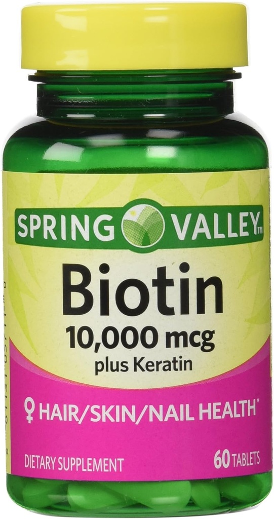 Spring Valley Biotin Kosttilskud, 10.000 Mg med 100 Mg Keratin, 60 tabletter