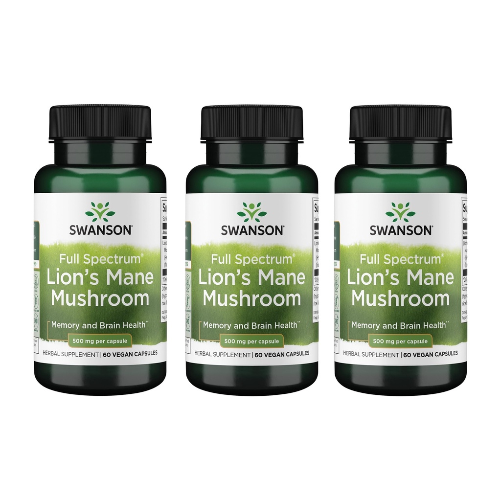 Swanson Lions Mane Mushroom - Traditional Brain Booster Supplement Lavet af Hericium Erinaceus (60 kapsler, 500mg Hver) 3 Pack