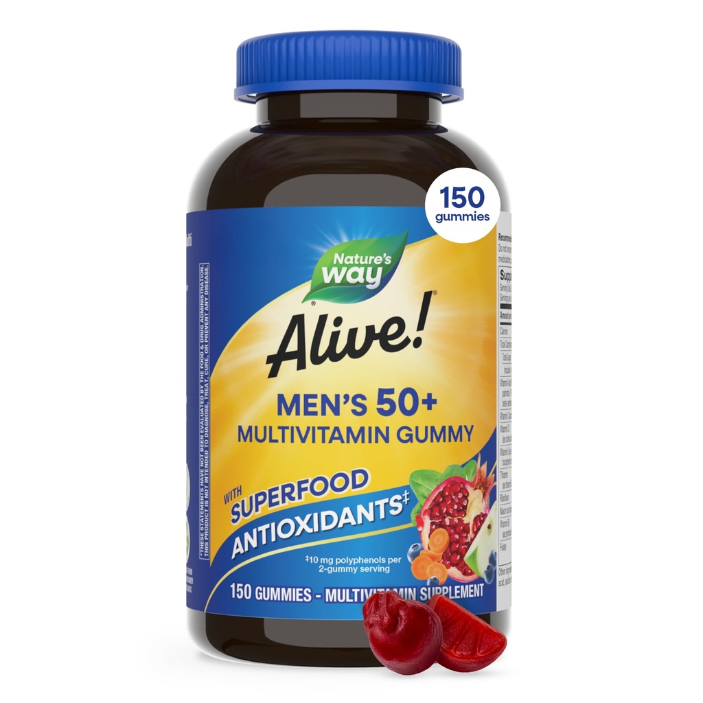 Nature 's Way Alive Mænds 50 + Daily Gummy Multivitaminer, Understøtter sund hjerne, øjne, hjerte *, B- Vitaminer, Gluten- Free, Frugtsmag, 150 Gummies (Packaging May Vary)