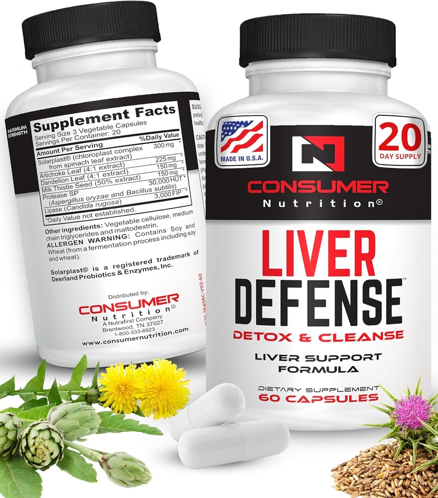 Leversupportsupplement - Leverforsvar Lever Rengøring Detox - Lavet med Solarplast, Artichoke Leaf, Mælk tidsel frø, & mere - for Metabolisme og immunrespons 60 kapsler