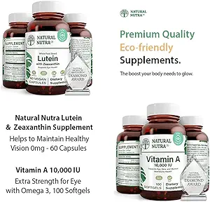Natural Nutra Lutein og Zeaxanthin Supplement Soy Free, 20mg - 60 kapsler og vitamin A 10.000 IE, hjælper til at opretholde sundt Vision med Omega 3, 100 Gluten Free Softgels