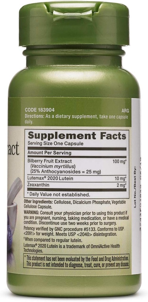 GNC Herbal Plus Bilberry Extract og Lutein Buddy 124; understøtter Eye og Vision Health Buddy 124; Twin Pack (2 x 60 Greve)
