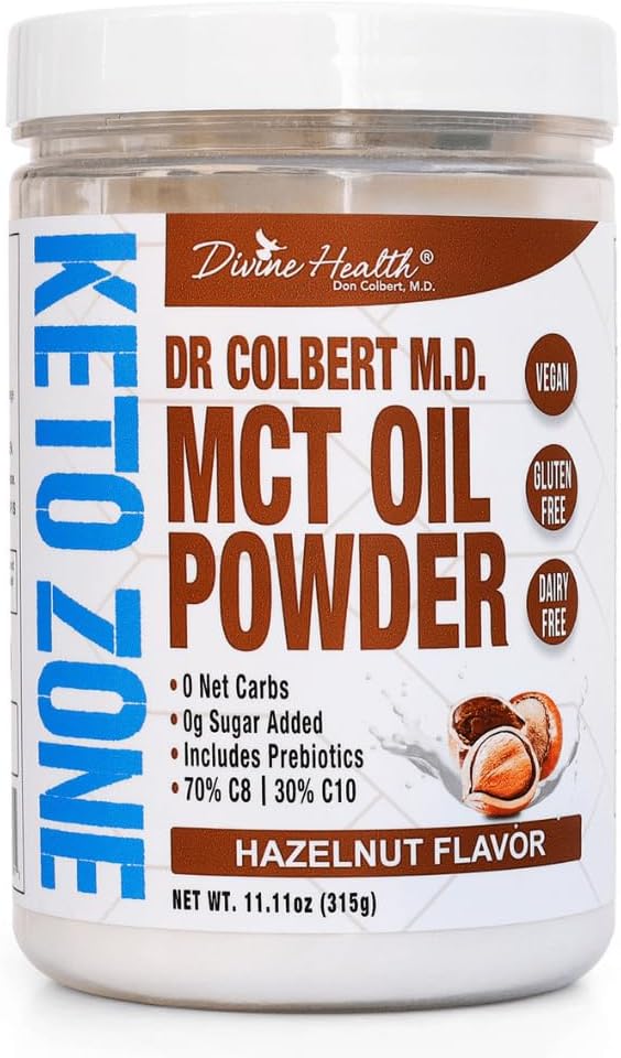 Guddommelig sundhed Dr. Colbert, MD MCT Oil Powder Downloader 124; Hasselnut Flavor Anbefalet i Keto Zone Diet Bog 124; Coffee Creamer Budd124; 70% C8 30% C10 Budd124; 0 Net Carbs