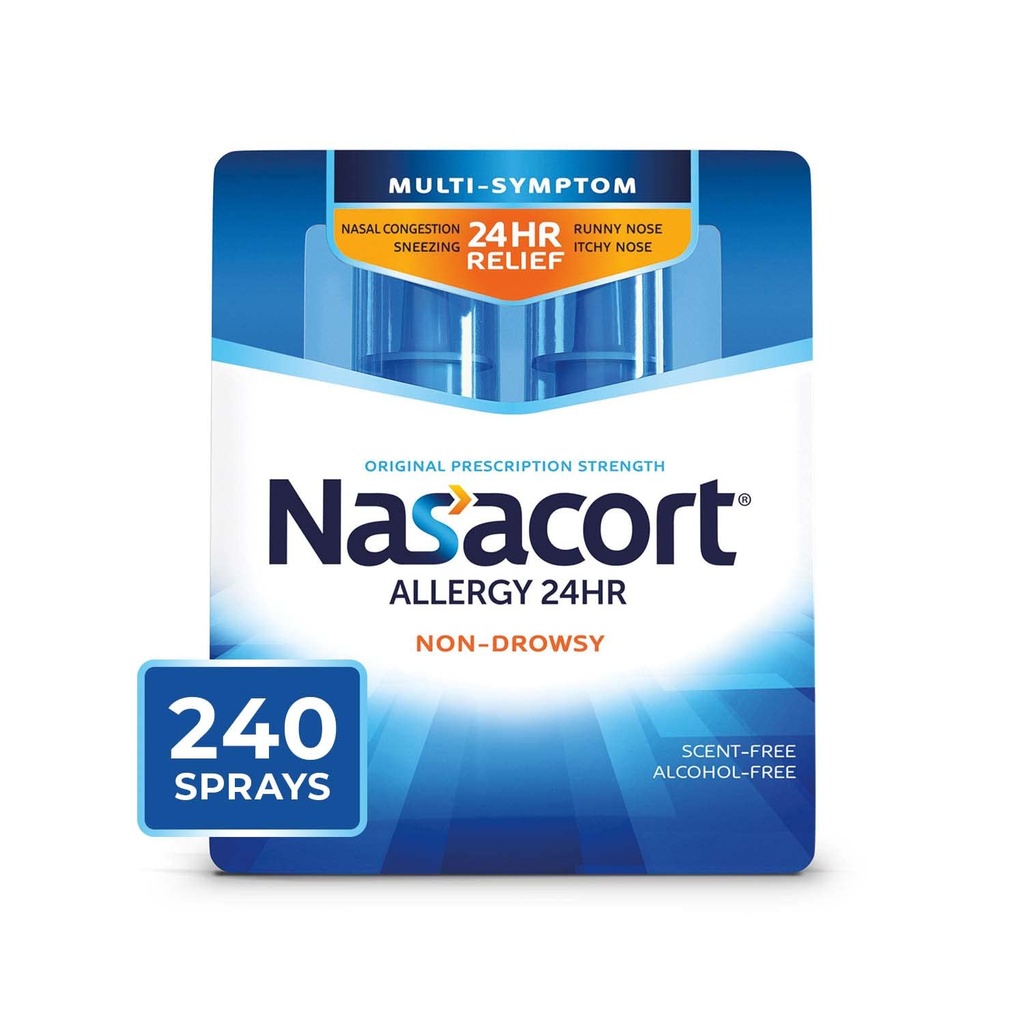 Nasacort 24HR Allergi Nasal Spray til voksne, ikke-døsighed & Alkoholfri, 240 sprays, 0,57 fl.oz. 2Ct