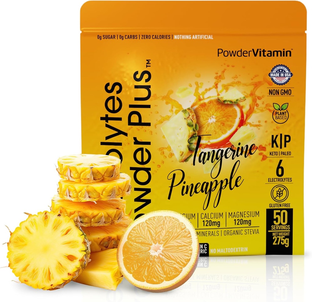 PowderVitamin Electrolytes Powder Plus (50 Servere) Tangerine Ananas Electrolyte Powder 0 Calorie Keto, 0 Sugar, No Maltodextrin, 1000mg Kalium, 120mg Calcium, 120mg Magnesium, Hydrationspulver