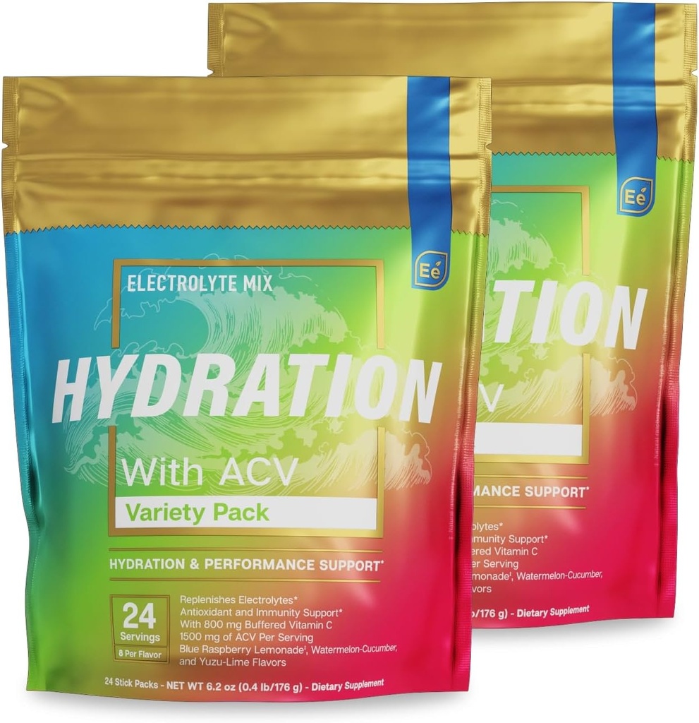 Essential Elements ® Hydration Pakker - Variety Pack - Elektrolytter pulver uden sukker - Electrolyte Drink Mix - Superior Hydration med ACV & C-vitamin - 48 Stick Packs