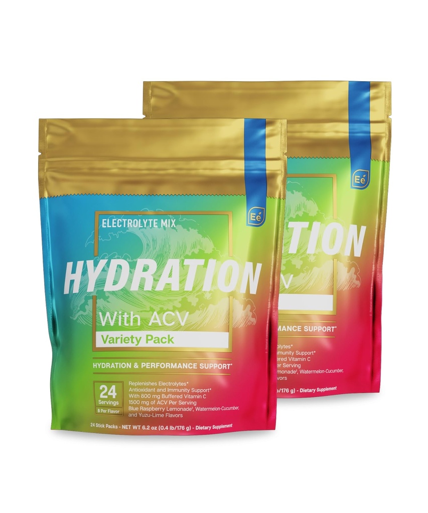 Essential Elements ® Hydration Pakker - Variety Pack - Elektrolytter pulver uden sukker - Electrolyte Drink Mix - Superior Hydration med ACV & C-vitamin - 48 Stick Packs