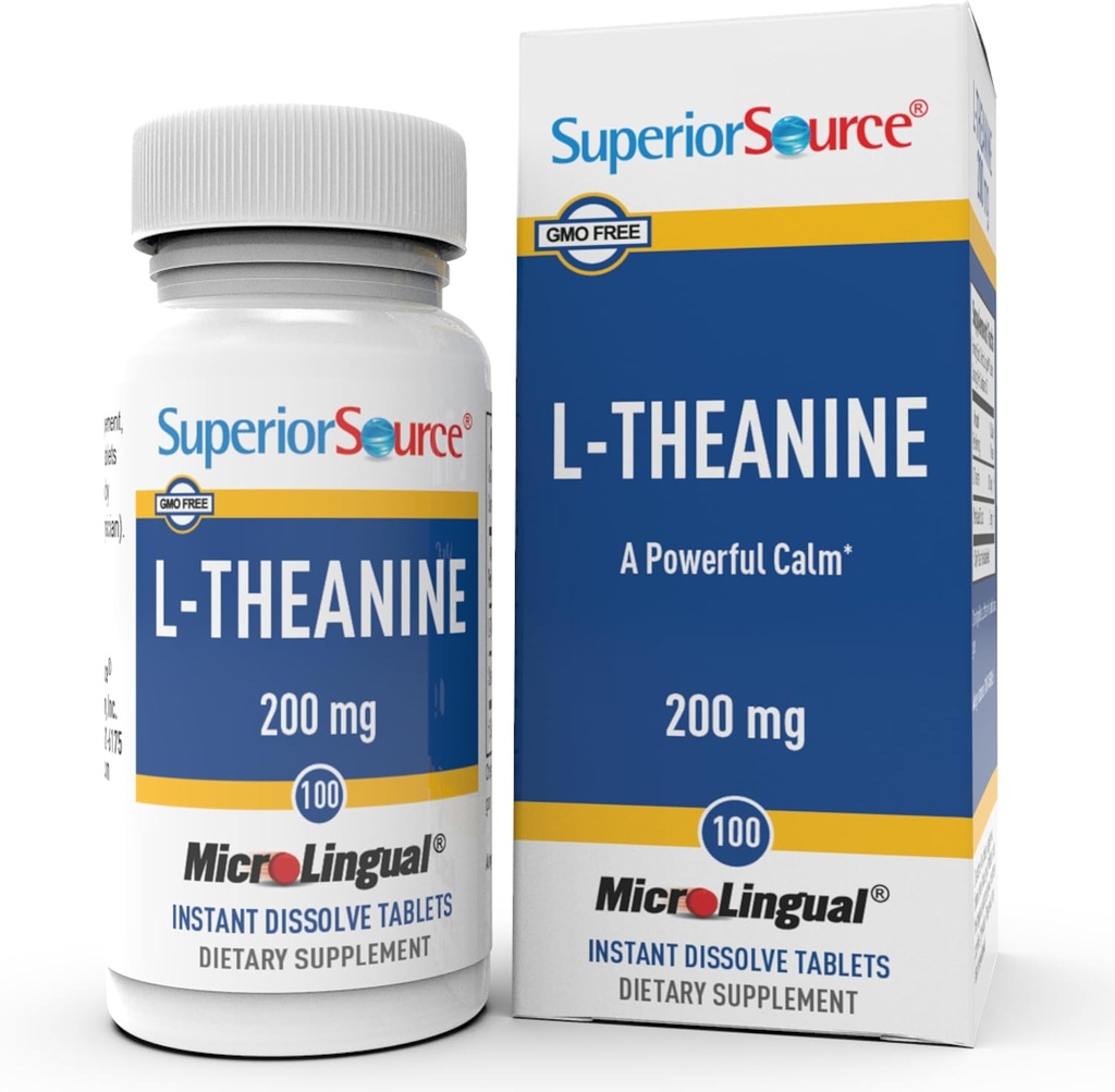 Superior Source L- Theanine 200 mg - Brain Health Support for voksne - Supplement Formel Aids Bedre søvn & Daglig energi - Understøtter koncentration naturligt - 100 Instant Opløs tabletter