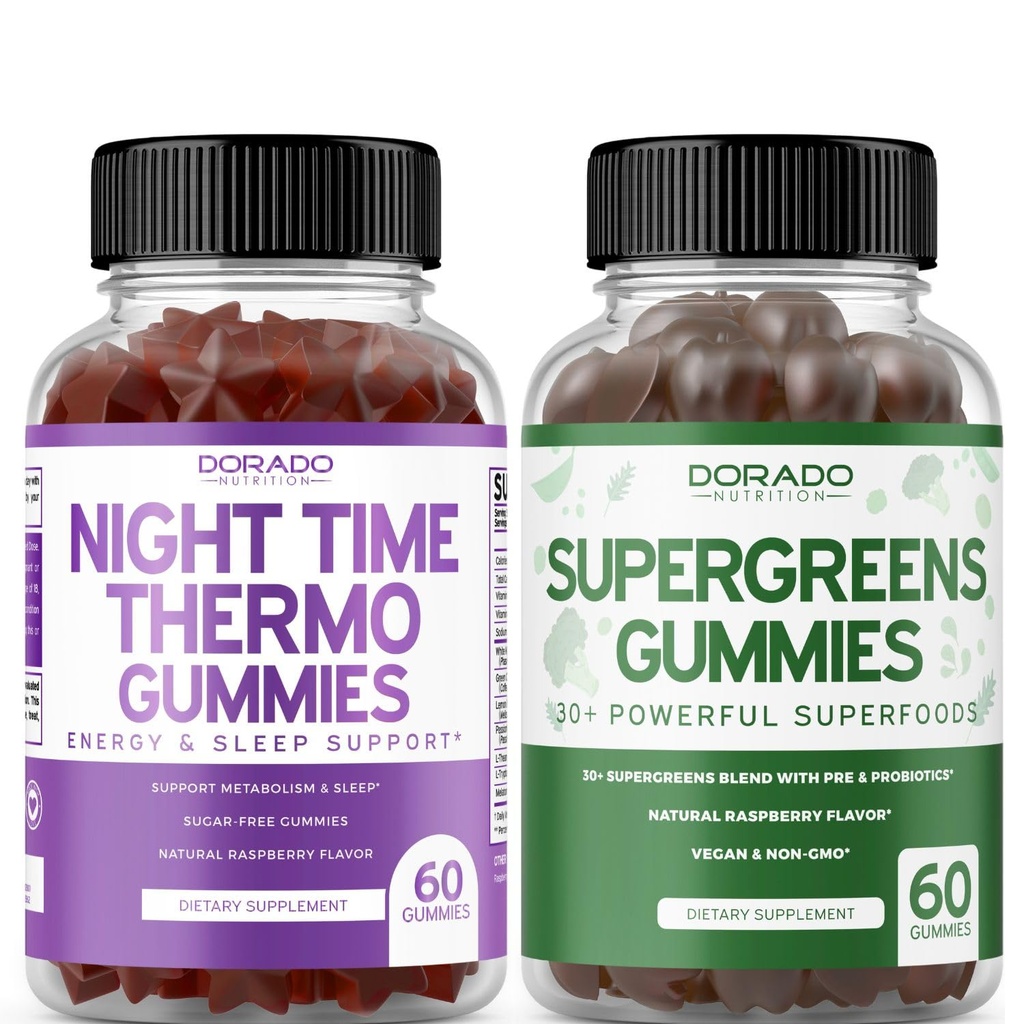 Nat tid Fat Burner Gummies (60 Greve) - Vægttab & Metabolisme Sugar- Free Melatonin supplement og Supergreens Gummies (60 Greve) - Grønne Kosttilskud Immunitetsstøtte - Ikke GMO & USA Made