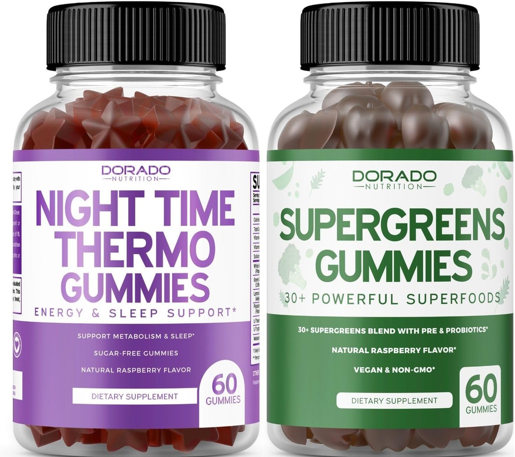 Nat tid Fat Burner Gummies (60 Greve) - Vægttab & Metabolisme Sugar- Free Melatonin supplement og Supergreens Gummies (60 Greve) - Grønne Kosttilskud Immunitetsstøtte - Ikke GMO & USA Made