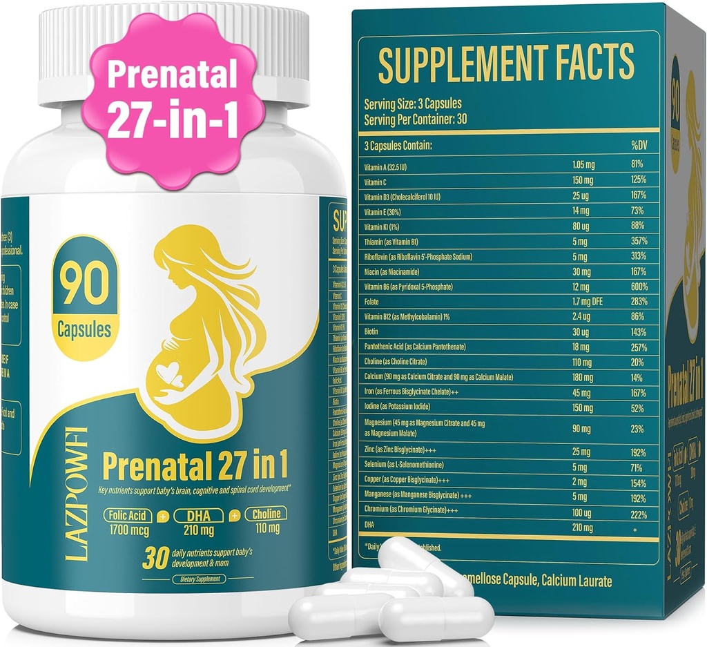 Prenatale vitaminer til kvinder Postnatal Multivitamin med folinsyre DHA cholin til gravide og ammende kvinder Niacinamid biotin og mineral 27 i 1 supplement 90 Capsules- 30 Servering