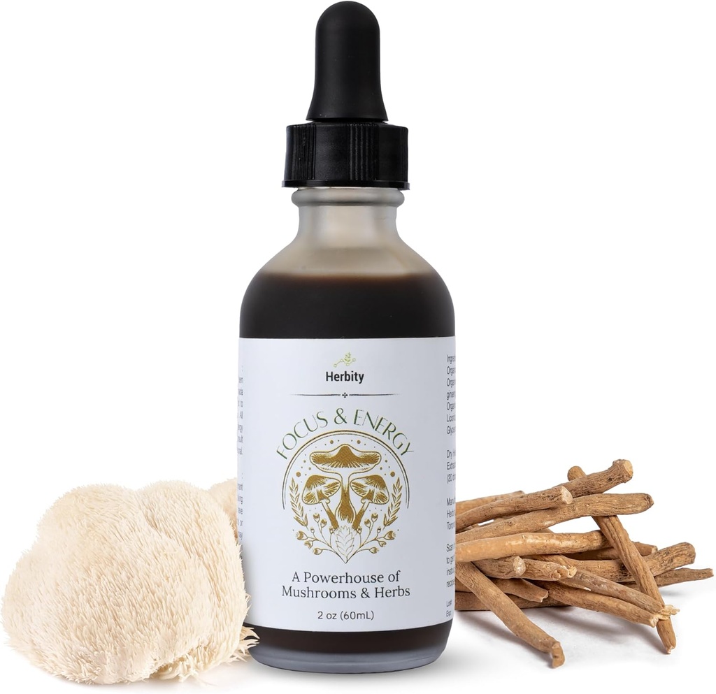 Focus & Energy Natural Mushroom Tinktur - Adaptogene Mushroom Drops & Organic Unique Custom Blend - Supplement for immunboost, balance, rolig, kognitiv support, og stress (2oz)