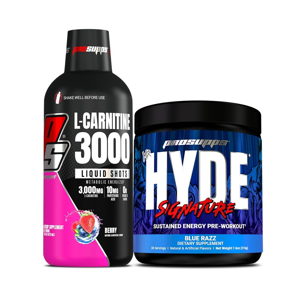 PROSUPPS L- Carnitin 3000 Stimulant Free Liquid Shots (31 Servings, Berry) og Mr. Hyde Signature Series Pre- Workout Energy Poweded Drink (30 Servings, Blue Razz) Bundle