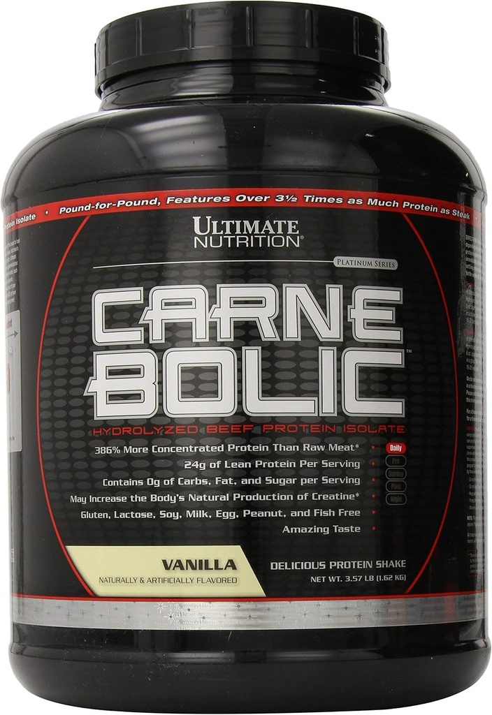Ultimate Nutrition Carne Bolic Beef Protein Powder, Lactose Free Protein Shakes, Paleo og Keto Friendly med ingen sukker eller Carb, Lav kalorieisolat pulver, Hydroliseret Protein, 60 Servere, Vanilla