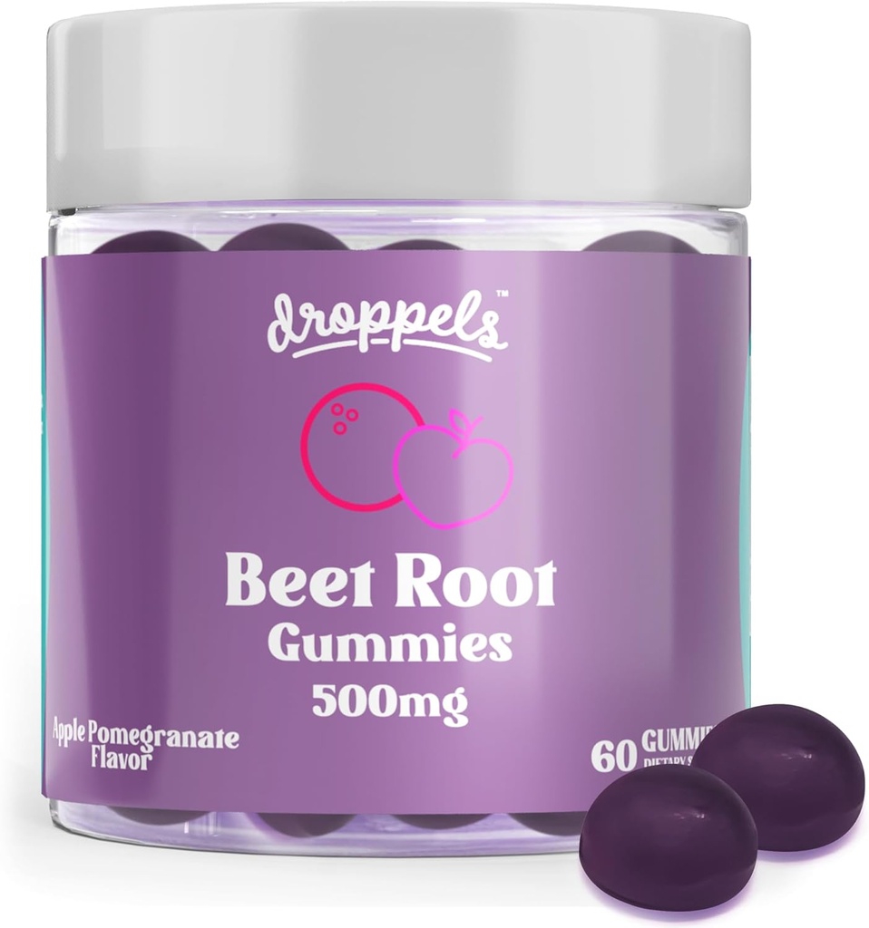 Droppels Beet Root Gummies med Beetroot Powder 500mg, Grape Seed Extract 300mg, Vitamin B12 & Niacin Dex124; Vegan, Pectin- based & Non- GMO Beetroot Supplement, Apple Pomegranate Flavor, 60 Count