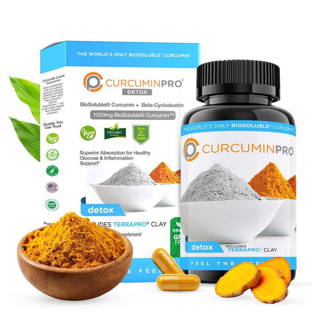 curcuminpro Detox Kapsler er 124; Organisk gurkemeje tillæg med BioOpløselig BCD & Natural Bentonite Clay er 124; Høj Absorption Vegan Curcumin Blend for Gut og Heart Wellness
