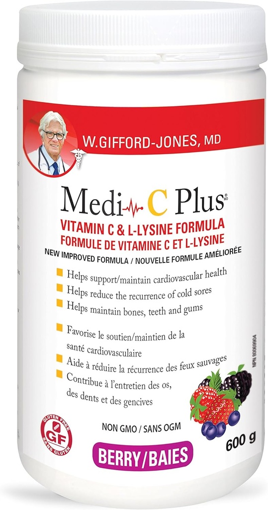 Dr. Giffordjones Foretrukne Nutrition Medi- C Plus vitamin C & L- lysin Formel Berry Flavour 600g