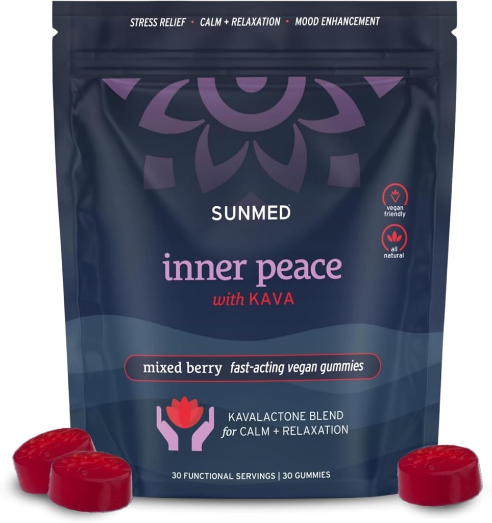 SUNMED Kava Gummies for Stress Relief & Deep Calm - 100mg Kavalactones per Serving - Vegan, Pacific Island Root Extract Mea124; Blandet Berry Flavor, 30 Greve