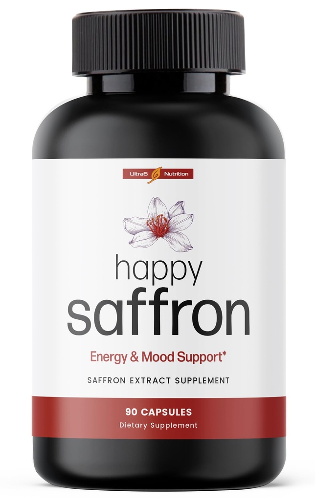 Ultra6 Nutrition Happy Saffron Kosttilskud - 100% Pure Saffron Extract Supplement for Eye Health Support - Mood Enhancer for Women & Men (90 Servering)