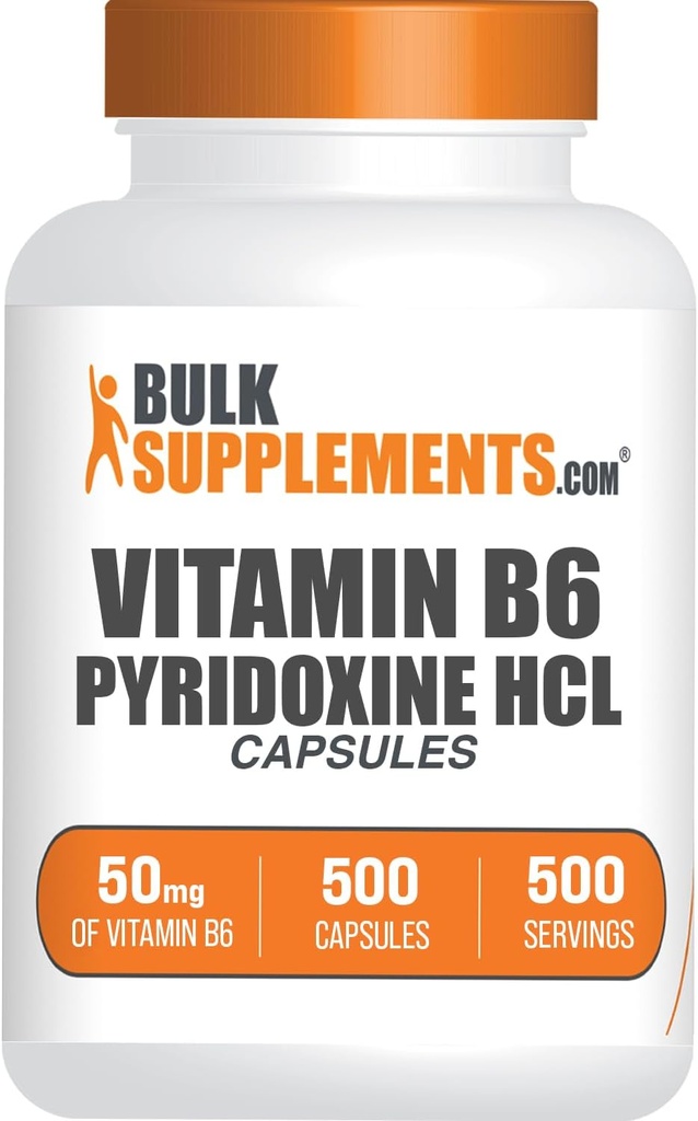 Bulkaddiments.com Vitamin B6 kapsler - Pyridoxin HCl, Vitamin B6 50mg - 1 Kapsler per servering, 500 Kapsler (pakning med 1)