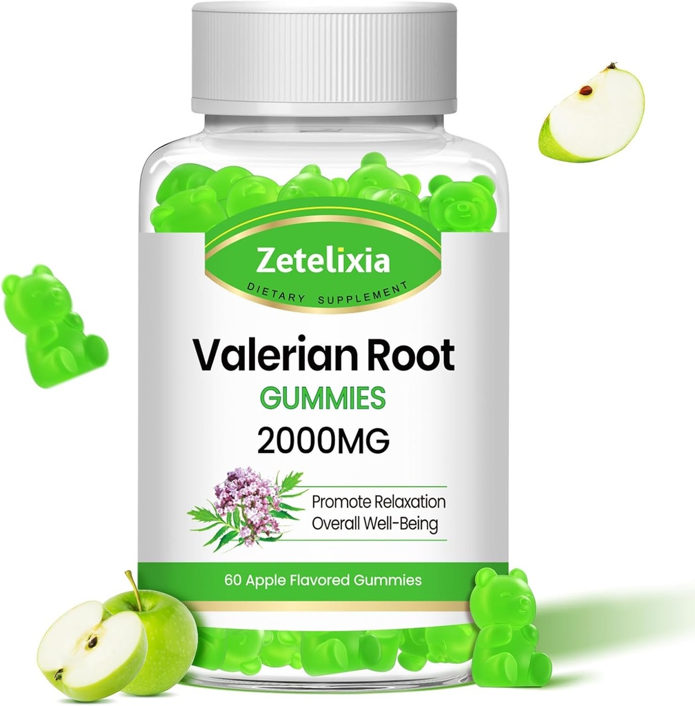 Økologisk Valerian Root Gummies, Urte Supplement til Afslapning & Mood Support, Sove Gummies uden Melatonin for voksne, Vegan, Non- GMO, Apple Flavor, 60 Greve
