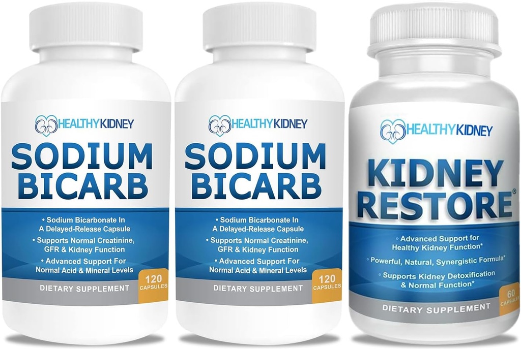 Natriumbicarbonat 650mg kapsler til syrelindring, alkalinitet 120 piller 2- Pack + Nyre Gendanne Nyre Rense og Nyre sundhed supplement, 60 hætter