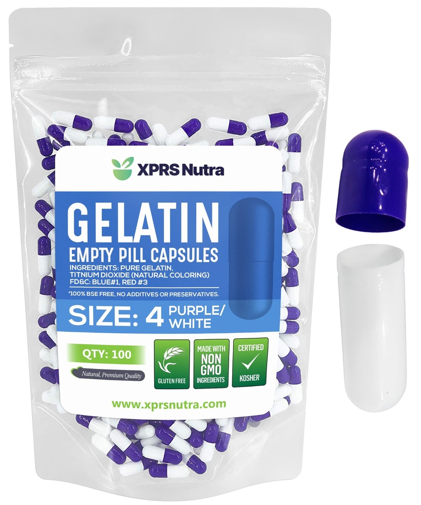 XPRS Nutra Størrelse 4 Tomme kapsler - 100 Tomme Tomme Gelatine kapsler - Piller selv Capsule Fyldning - Fyldelig Pure Bovin Pill Gel Caps til Do- It- Yourself Kosttilskud (lilla / hvid)