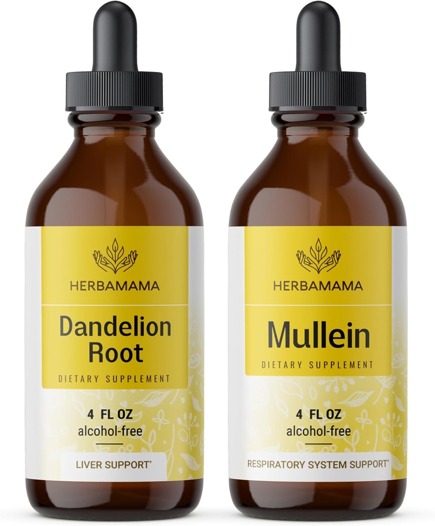 HERBAMAMA Herbal Liquid Drops Kit - Bundle of Mælkebøtte Root og Mullein Leaf Tincture 4 fl oz - Vegan, non-GMO, Sugar & Alcohol- Free - 2 Pack