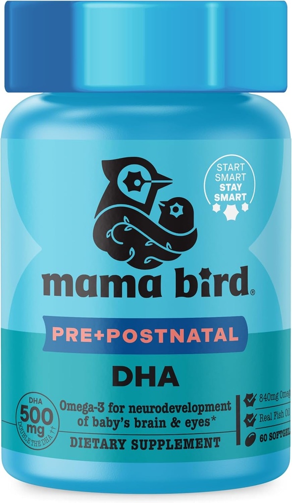 Bedste Nest Wellness Mama Bird prenatal DHA - Sundhedstillæg med Omega-3 DHA & EPA - Fish Oil Supplement for gravide kvinder - Understøtter Føtal Brain & Eye Development - 60 Softgels