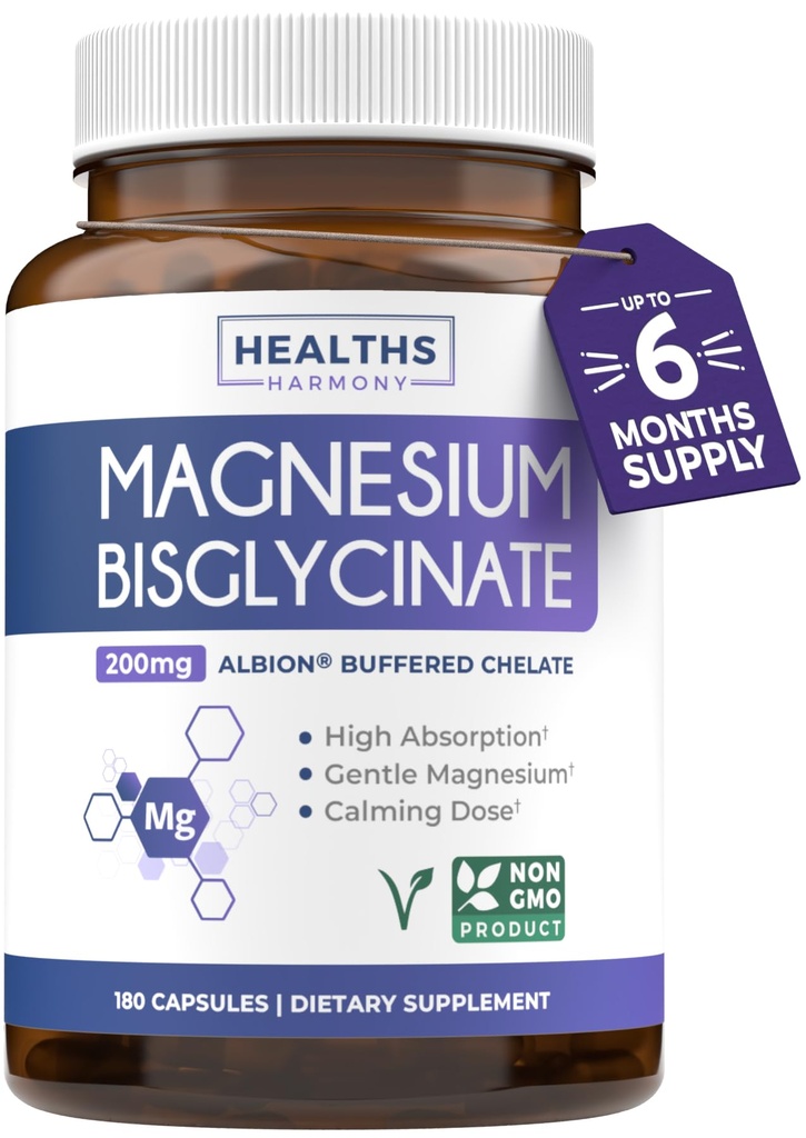 High Absorption Magnesium Bisglycinate Capsules - Clinically Validated Buffered and Chelated Magnesium Supplement - 1 Daily Vegan Capsule with Lab Verified Gentle 200mg Serving (6 Month Supply)