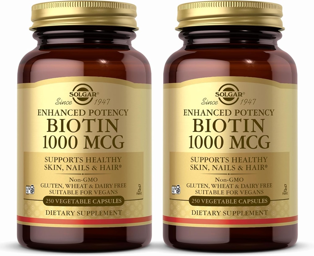 Solgar Biotin 1000 mcg, 250 Vegetabilske kapsler (pakke med 2) - understøtter sund hud, negle og hår - energi Metabolisme - forbedret potens - ikke-GMO, Vegan, Gluten Free, Dairy Free, Kosher - 500 Servere