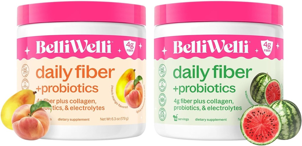 Belli Welli Daily Fiber Supplement Bundle med Collagen, Probiotika & Elektrolytes - Peach Mango & Watermelon Flavors - Understøtter fordøjelse, Gut Balance, Debloating - 32 Tjenester i alt