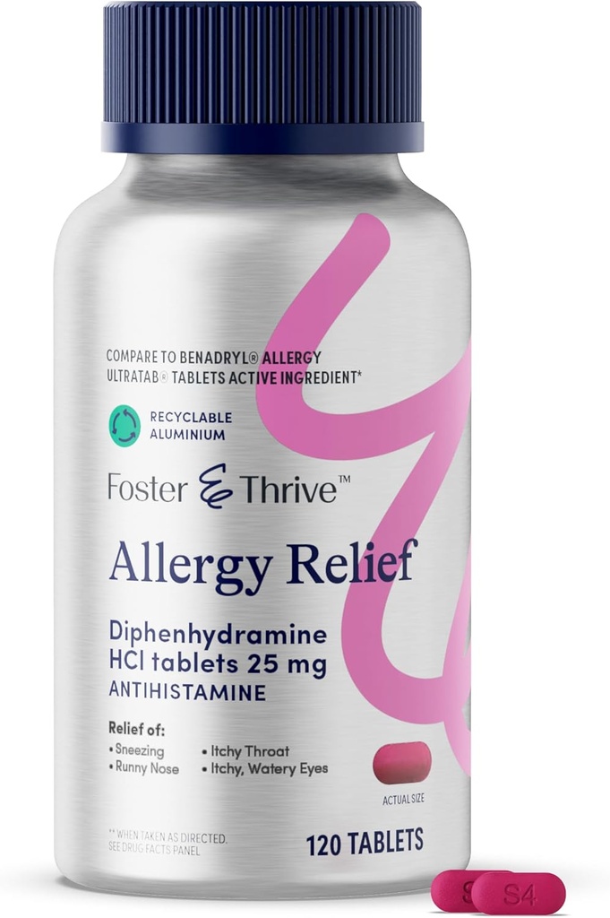 Foster & Thrive Diphenhydramin 25mg Allergi Relief for sæsonbetinget allergi, Itchy Watery øjne, nysen, Runny Næse, Fast- Actioning Antihistamin Medicin til børn og voksne