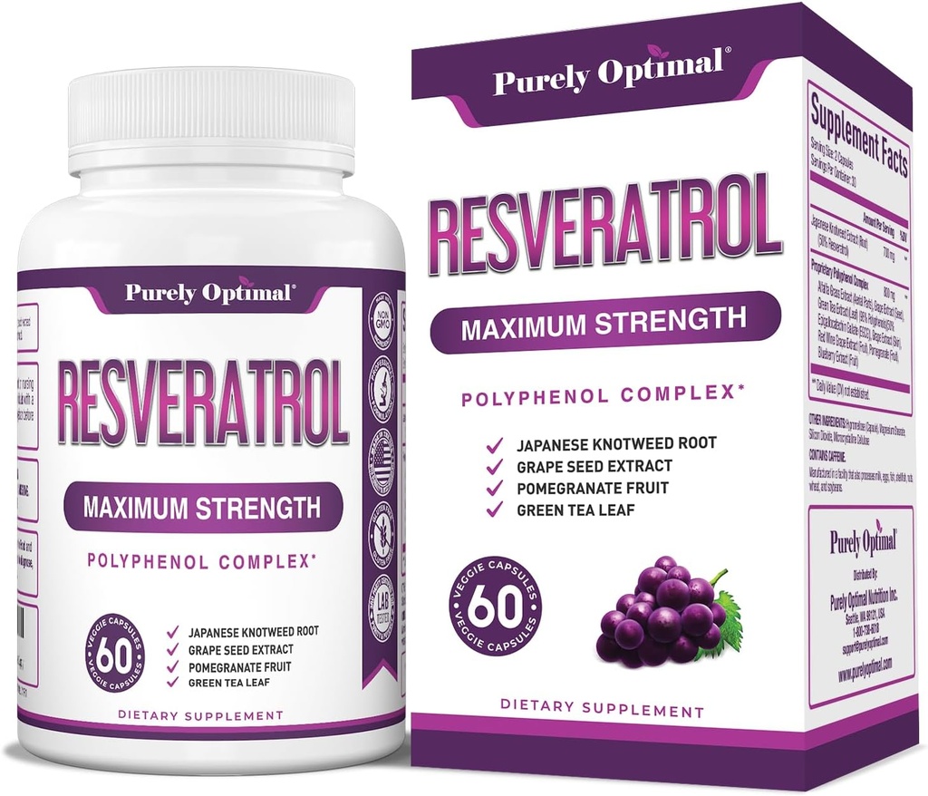 Rent Optimal Resveratrol Supplement 1500mg - Trans- Resveratrol fra japansk Knotweed, Polyphenol Complex - Understøtter Gracious Aging, Vitality, Kognitiv & Hud Sundhed - 60 Veganske kapsler