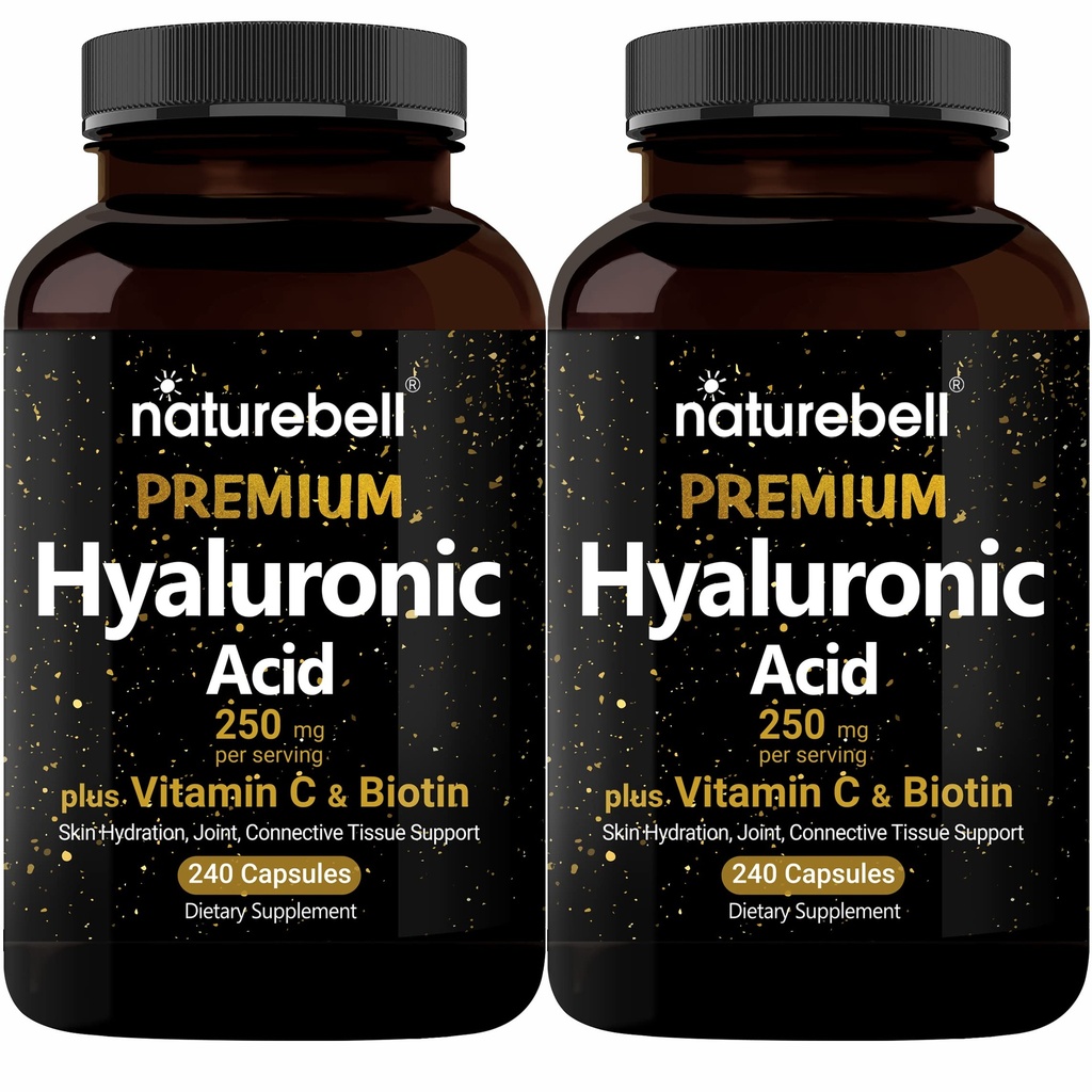 NatureBell 2 Pack Plant baseret Hyaluronsyre Kosttilskud 250 mg med 25mg C-vitamin & Biotin 5000mcg, 480 Total Kapsler