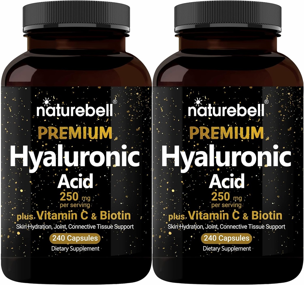 NatureBell 2 Pack Plant baseret Hyaluronsyre Kosttilskud 250 mg med 25mg C-vitamin & Biotin 5000mcg, 480 Total Kapsler