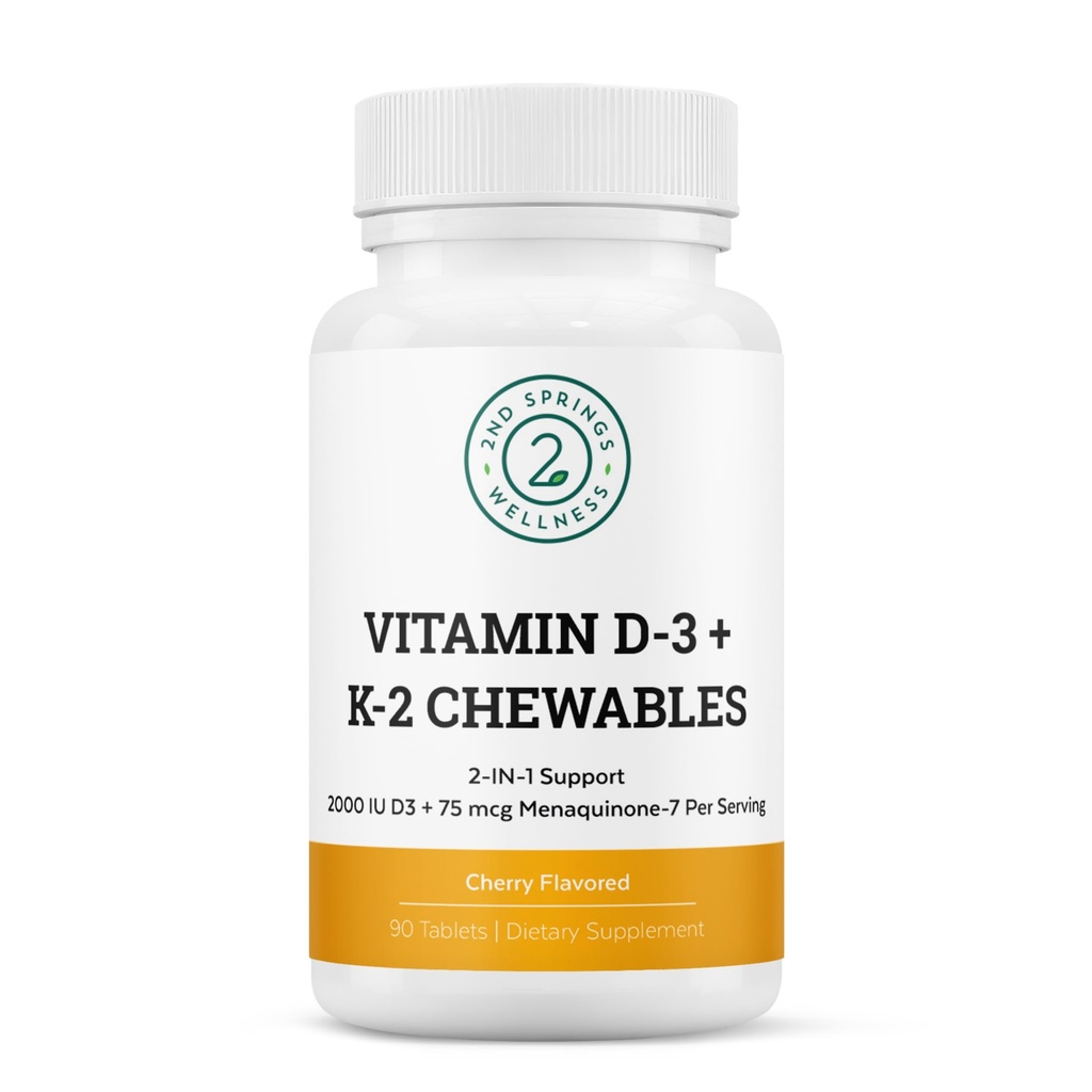 D3 + K2 tyggetabletter - 2000 IE D- vitamin og MK7 K2 (Menaquinone- 7) - Kirsebærtabletter - D-vitamin + K2 tilskud til voksne og børn